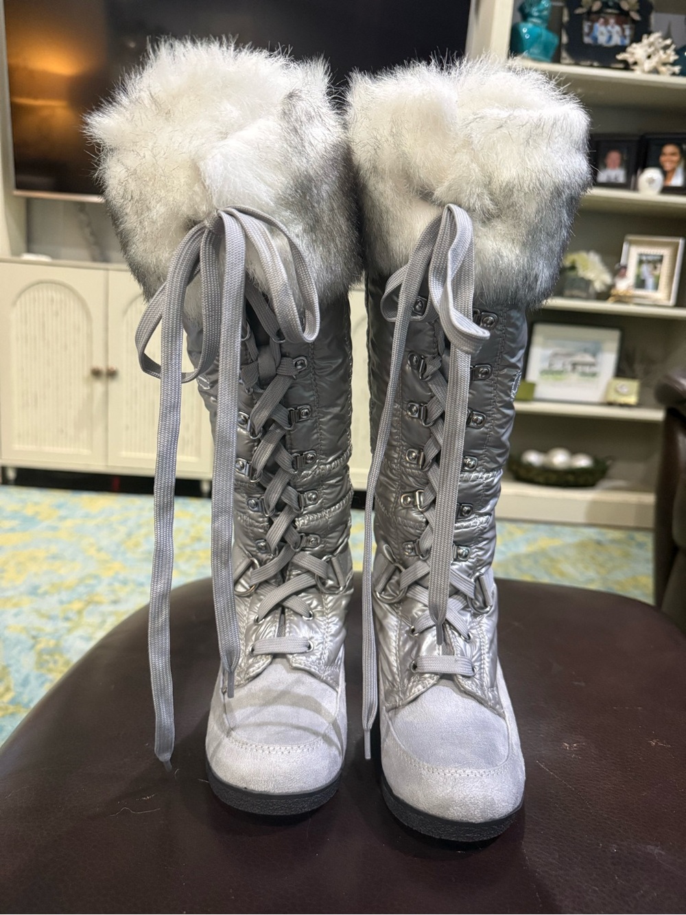 bebe Silver-Light Gray Tall Lace-Up Winter Boots with Faux Fur Cuff